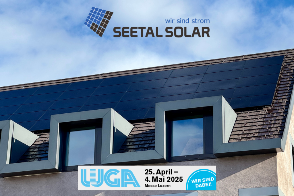 Bild von einer Solaranlage auf einem Hausdach und das Logo von der Luga und SeetalSolar